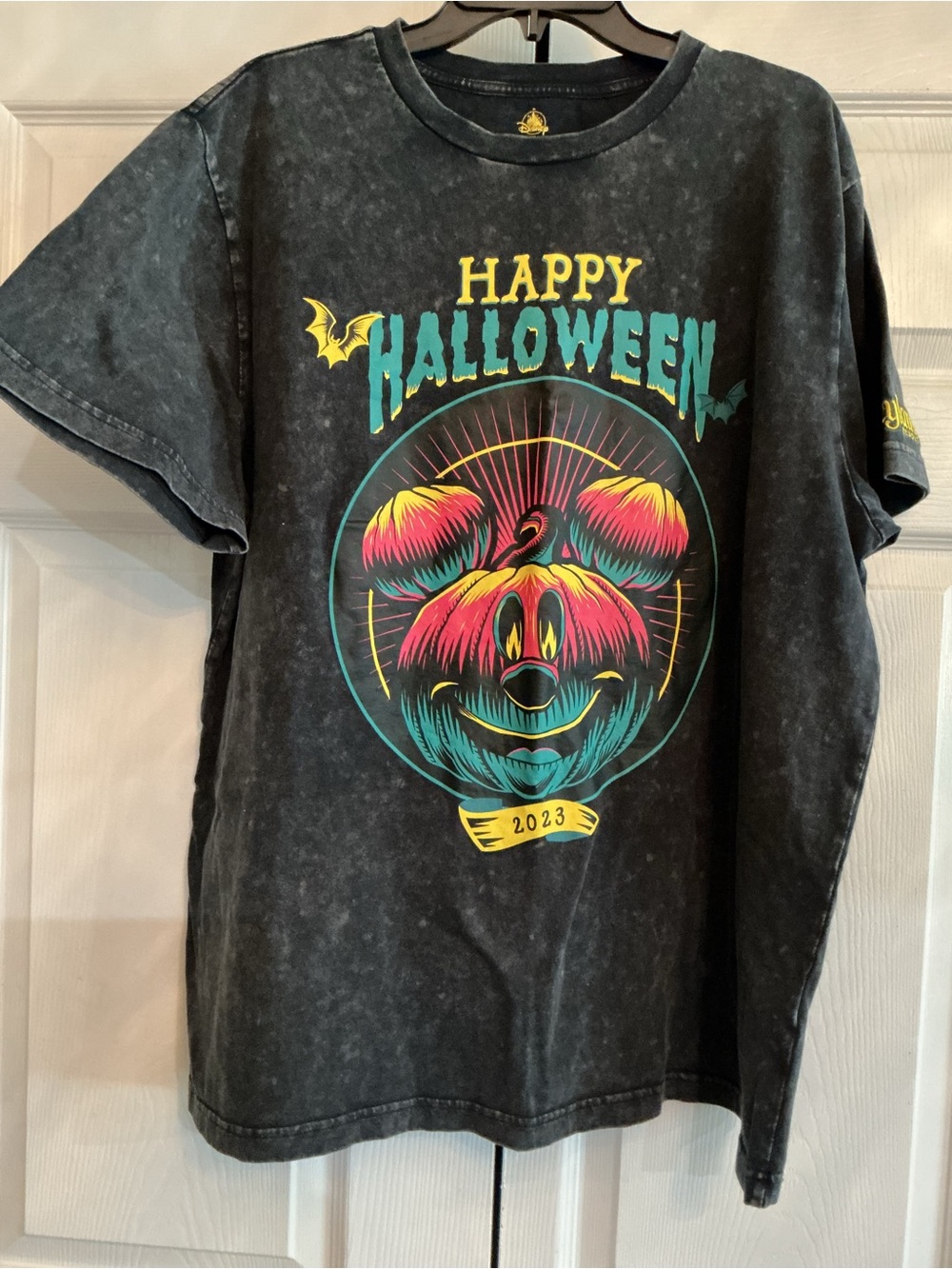 Disney Black Halloween Graphic Tee with Neon Pumpkin Mickey
